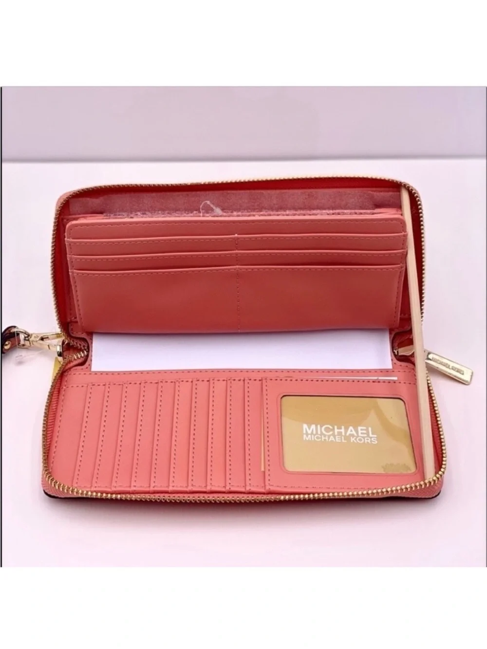 Michael Kors Salmon Pink Leather Zip Wallet Wristlet with Gold Hardware Sherbet